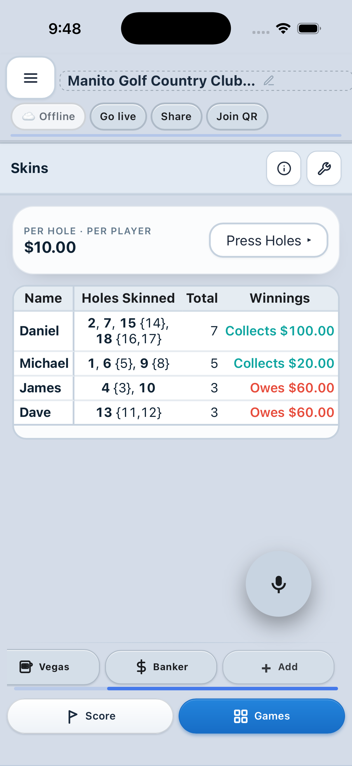 StakeMarker Skins results showing winners and running payouts in light mode